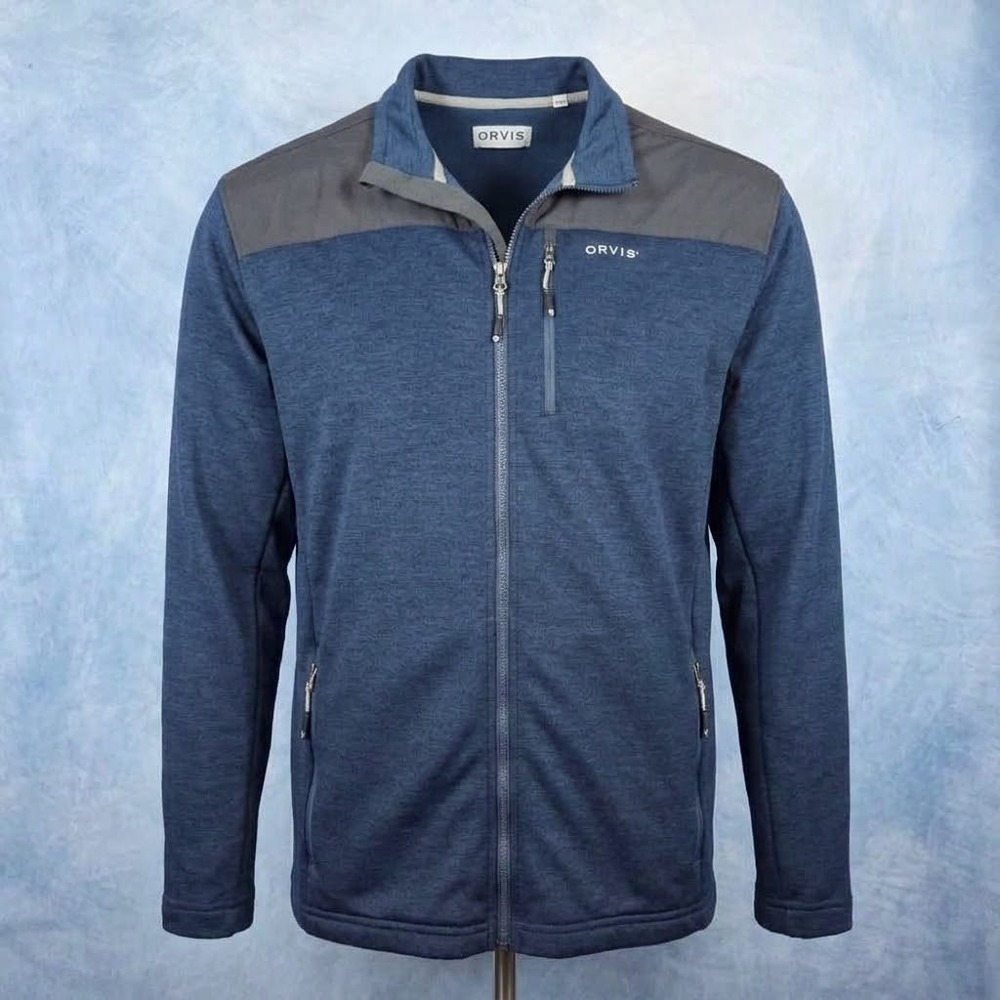 Orvis Mens XL Blue Heathered Full Zip Fleece Jacket Gray Nylon Yoke Mock Neck